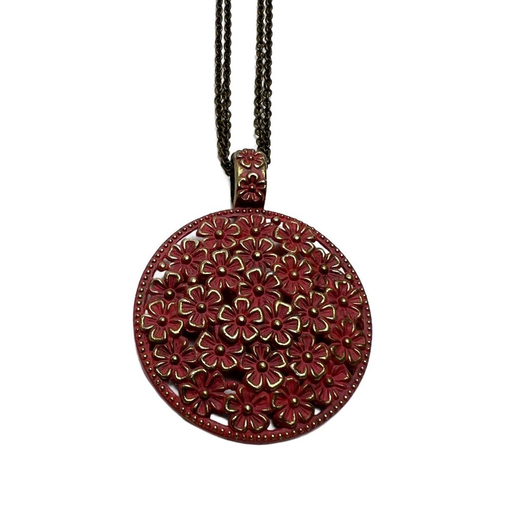 Floral Medallion Red Orange Patina Pendant Double Chain Antique Bronze